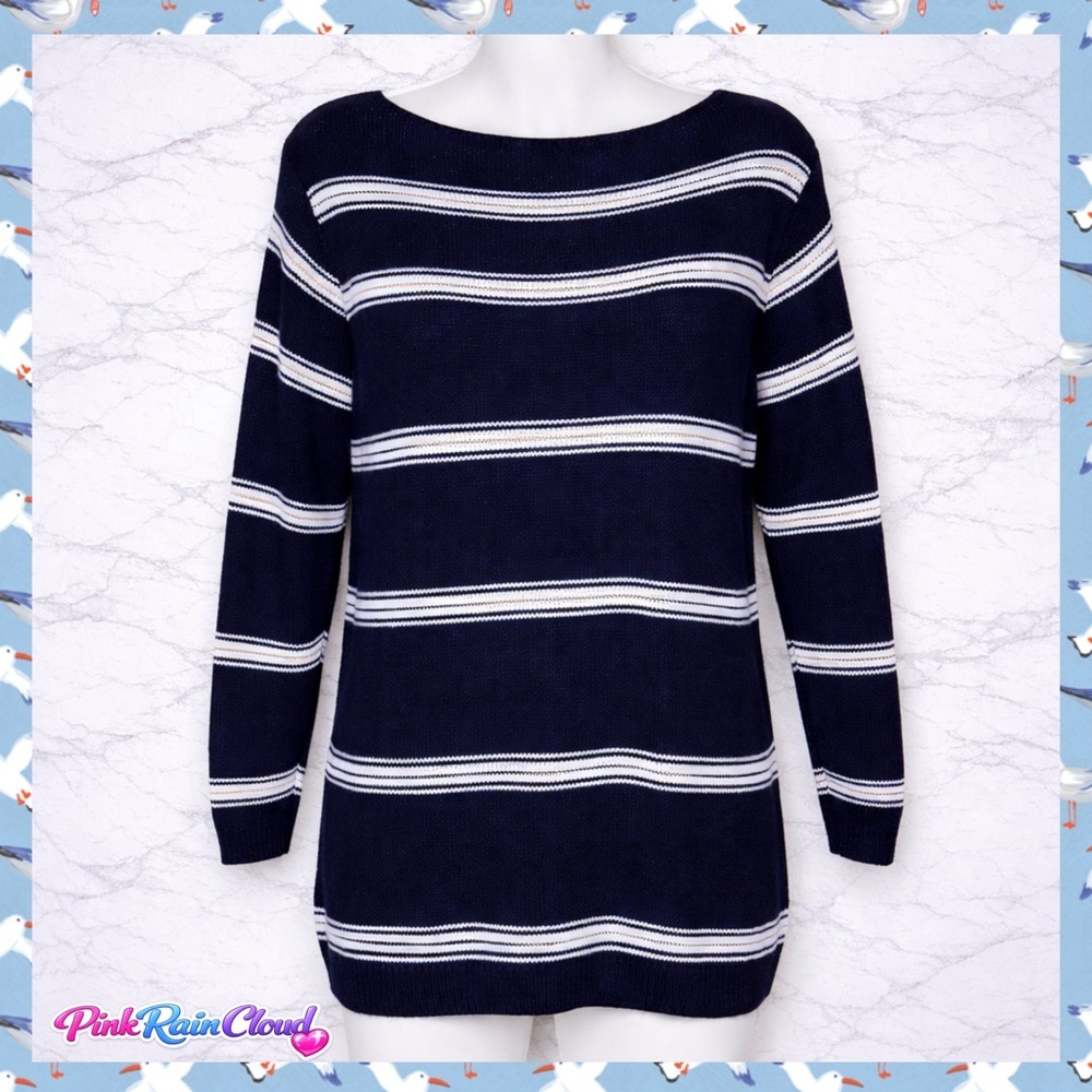 G.H. Bass Navy Blue White Stripe Cotton Sweater Nautical Women’s Large